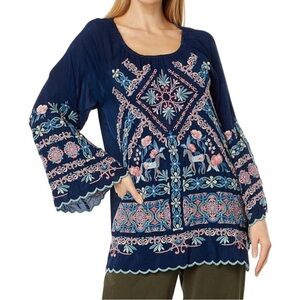 $350 Johnny Was Sz XL Lina Blue Night Embroidered Tunic